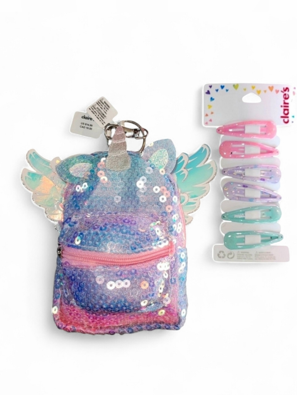 Claire's Accessories Lot Of 2! Mini Angel Backpack Keychain & Hair Clips Set!